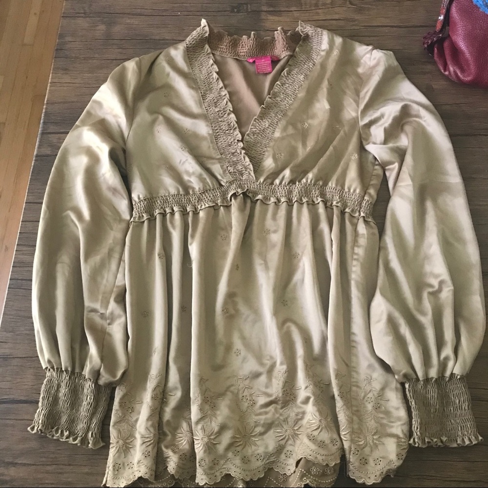 Gold Sunny Leigh Long Sleeve Top | Ruffle V-Neck